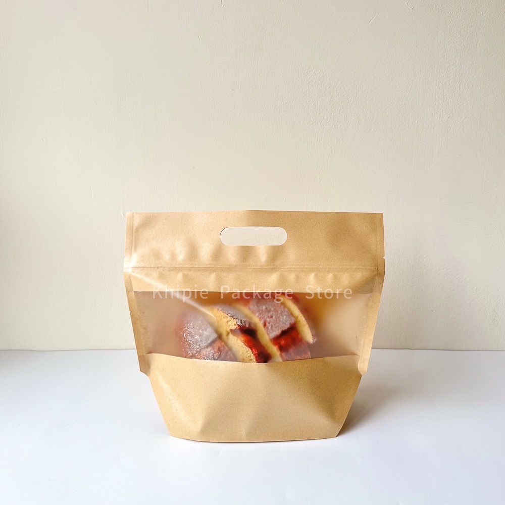 【 Khipie 】開窗牛皮 鑽石型手提夾鏈立袋 50入 兩種尺寸 寬型 吐司 貝果袋 夾立袋 果乾袋 餅乾袋 糖果袋-細節圖3