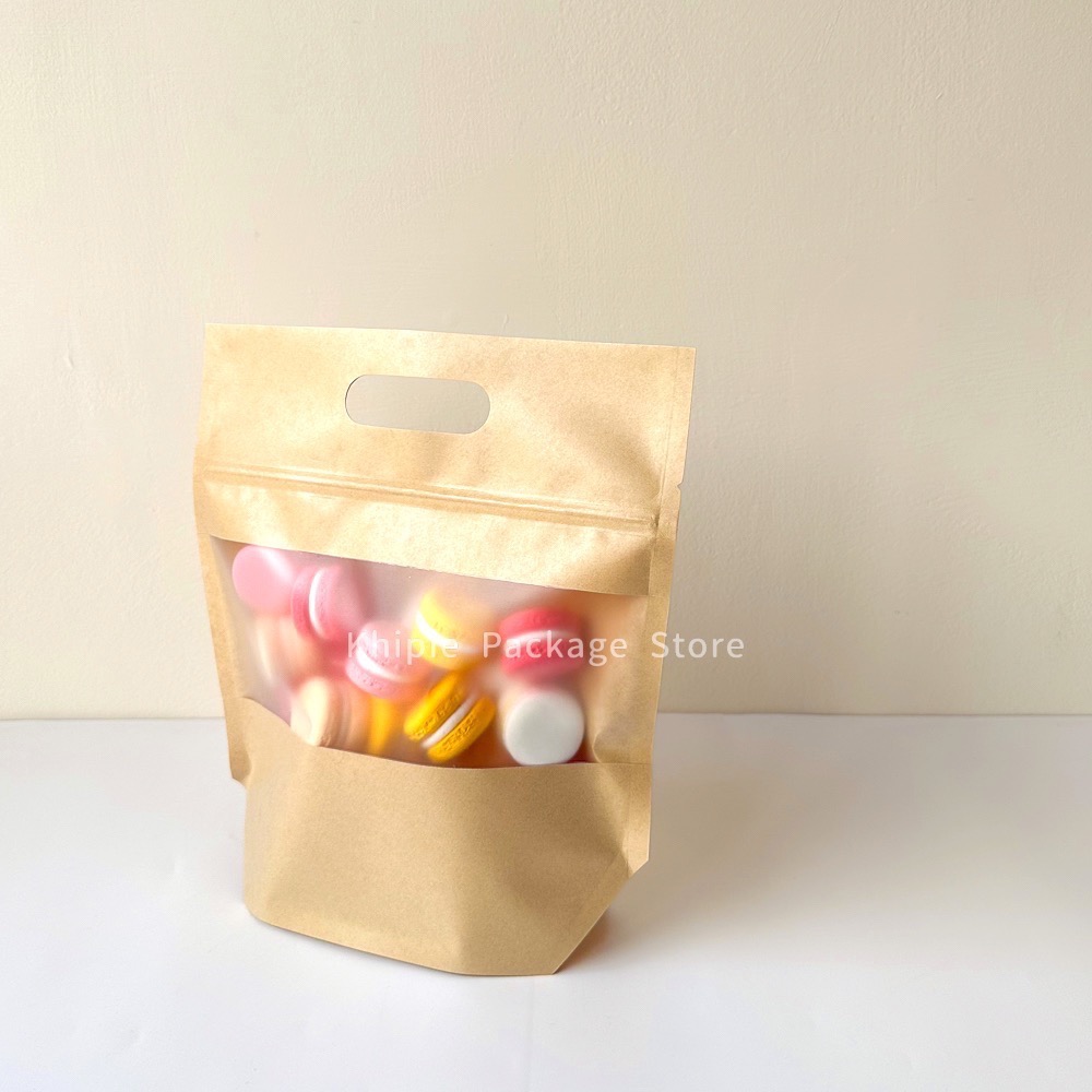 【 Khipie 】開窗牛皮 鑽石型手提夾鏈立袋 50入 兩種尺寸 寬型 吐司 貝果袋 夾立袋 果乾袋 餅乾袋 糖果袋-細節圖4