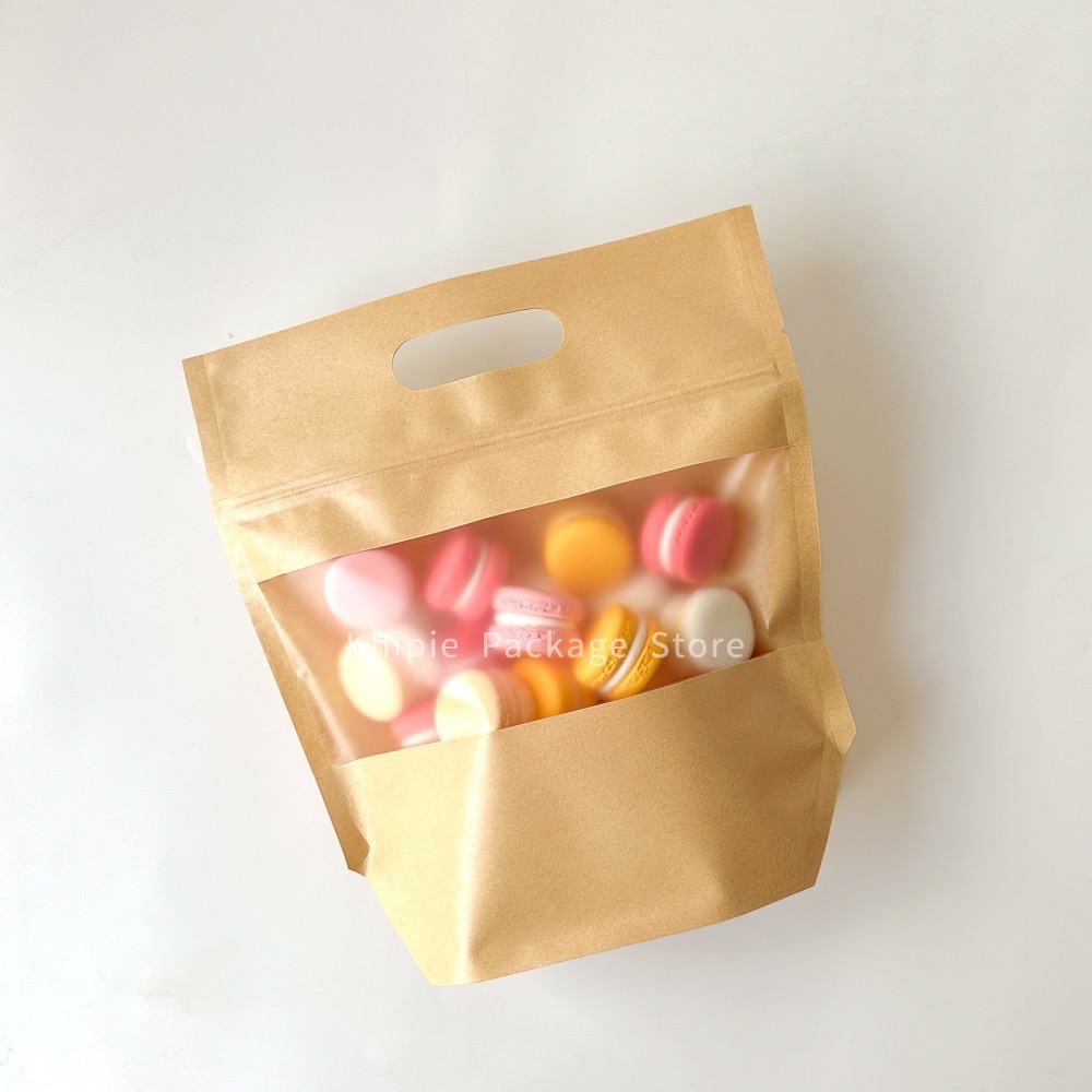 【 Khipie 】開窗牛皮 鑽石型手提夾鏈立袋 50入 兩種尺寸 寬型 吐司 貝果袋 夾立袋 果乾袋 餅乾袋 糖果袋-細節圖5