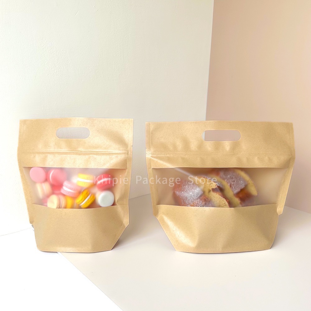 【 Khipie 】開窗牛皮 鑽石型手提夾鏈立袋 50入 兩種尺寸 寬型 吐司 貝果袋 夾立袋 果乾袋 餅乾袋 糖果袋-細節圖6