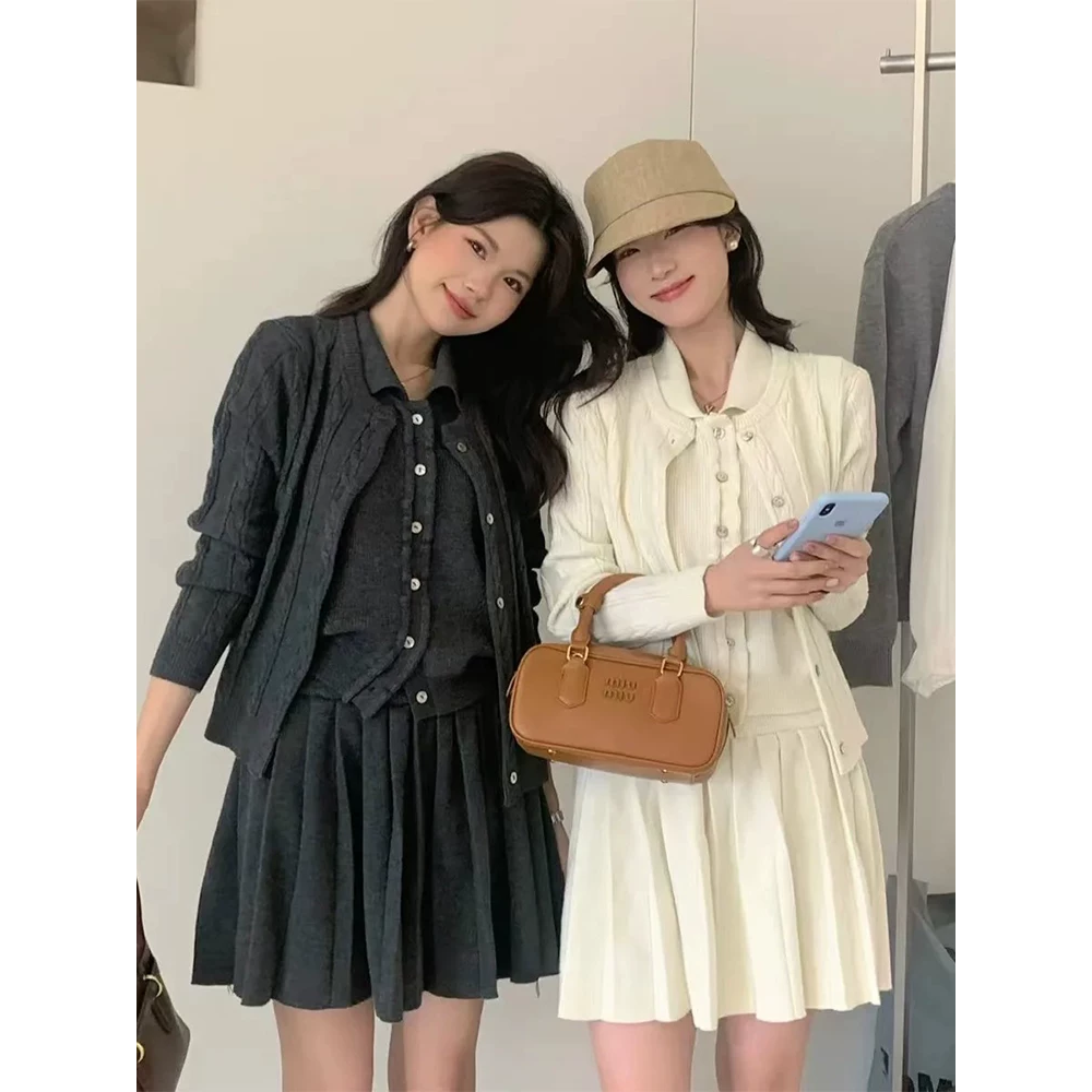 韓國名媛 超值划算三件組 針織外套 無袖polo領 學院風百褶裙短裙 洋裝套裝 2色-細節圖7