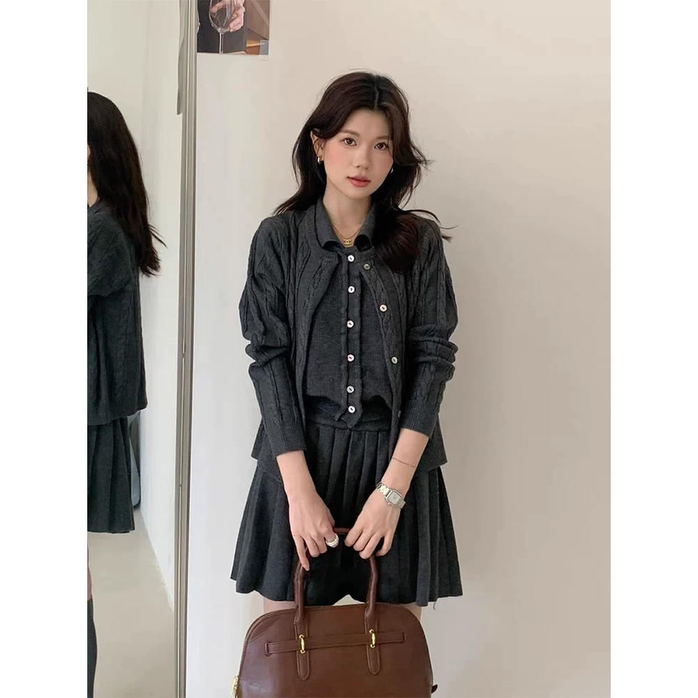 韓國名媛 超值划算三件組 針織外套 無袖polo領 學院風百褶裙短裙 洋裝套裝 2色-規格圖7