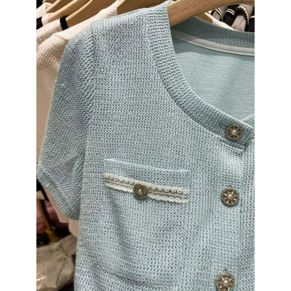 韓國名媛 小香風奶藍色短袖上衣薄款冰絲針織圓領單穿內搭短袖開襟外套-細節圖2