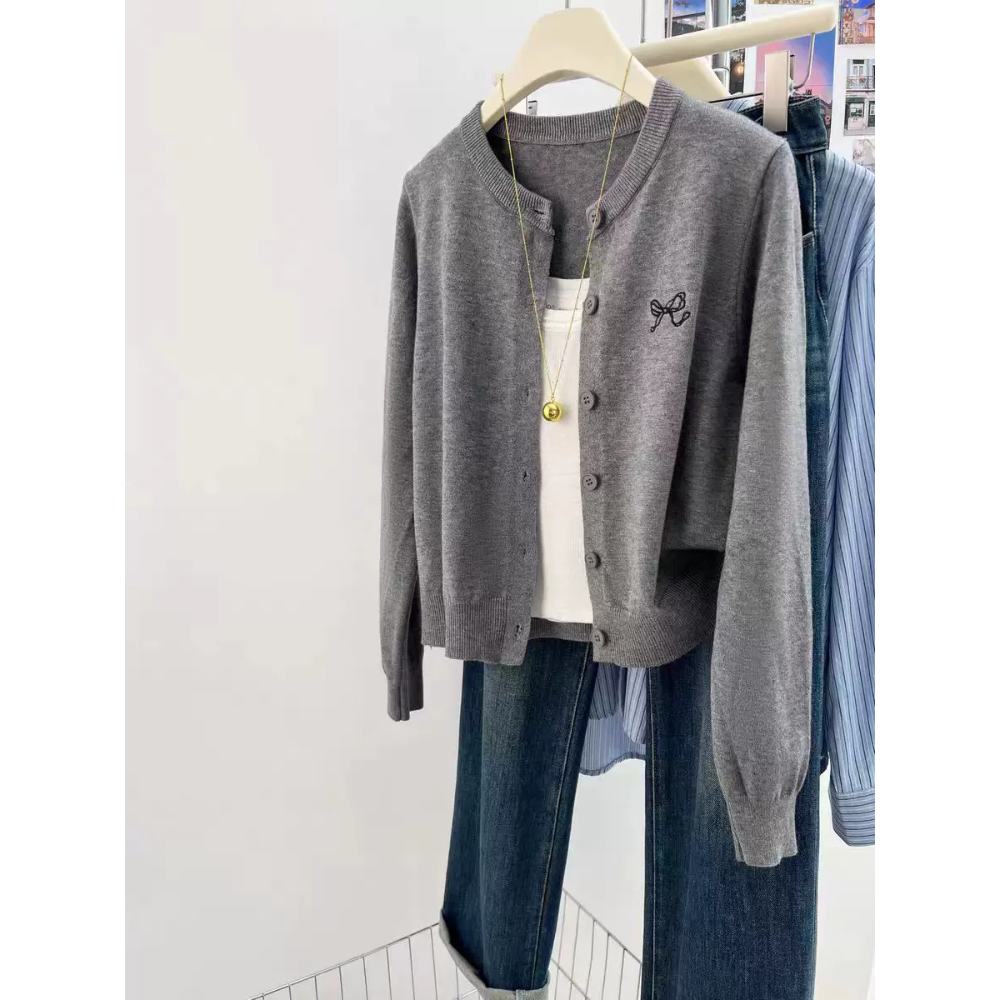 冰淇淋舒服好看刺繡蝴蝶結長袖針織外套4色-細節圖2