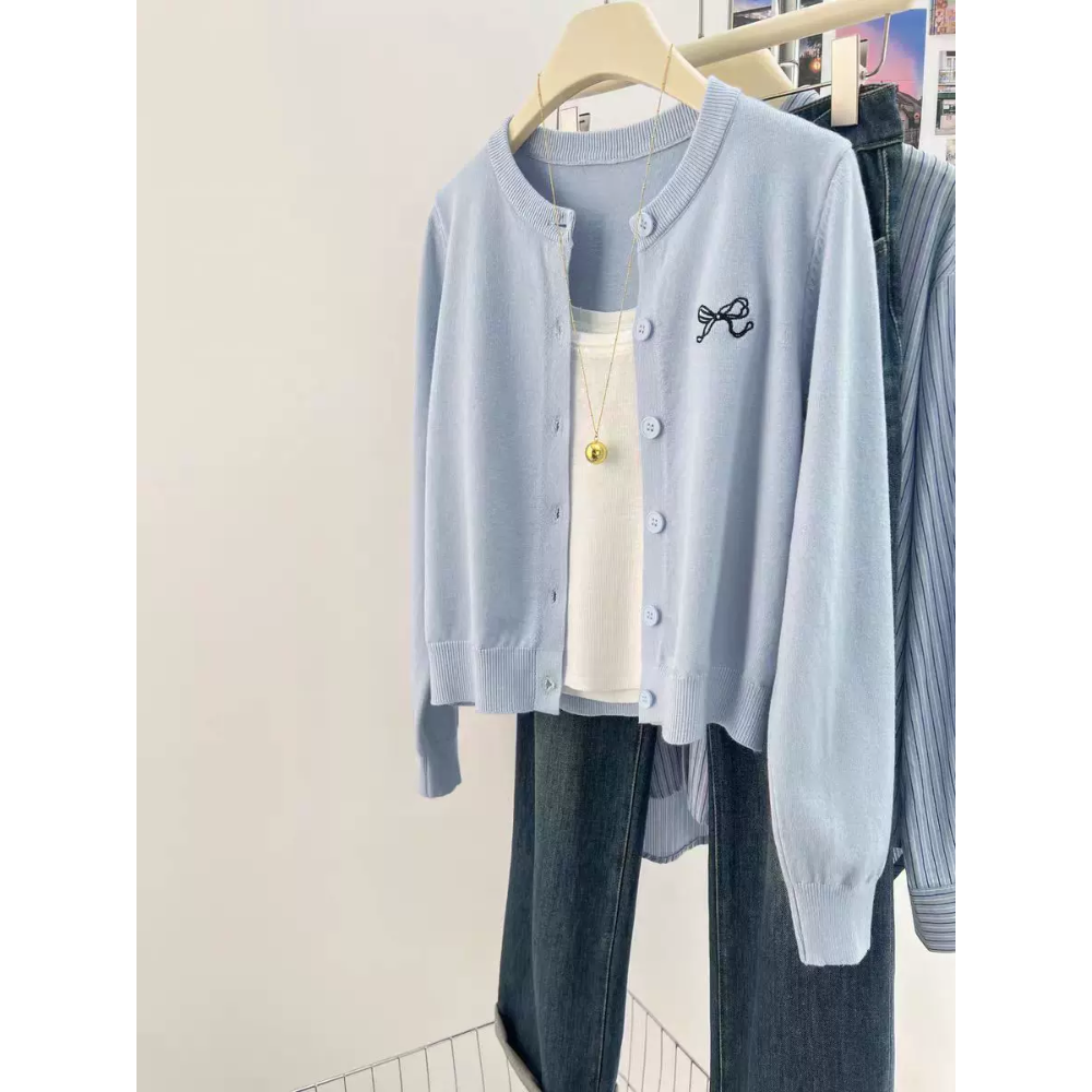 冰淇淋舒服好看刺繡蝴蝶結長袖針織外套4色-細節圖3