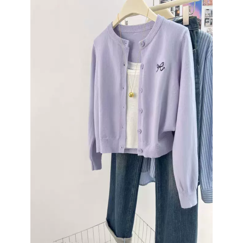 冰淇淋舒服好看刺繡蝴蝶結長袖針織外套4色-細節圖4