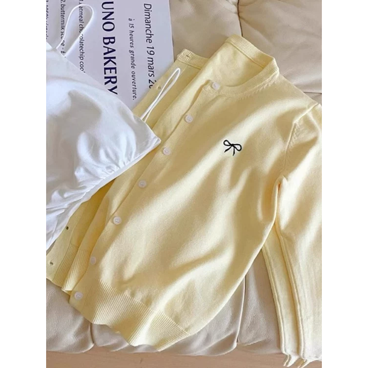 冰淇淋舒服好看刺繡蝴蝶結長袖針織外套4色-細節圖5