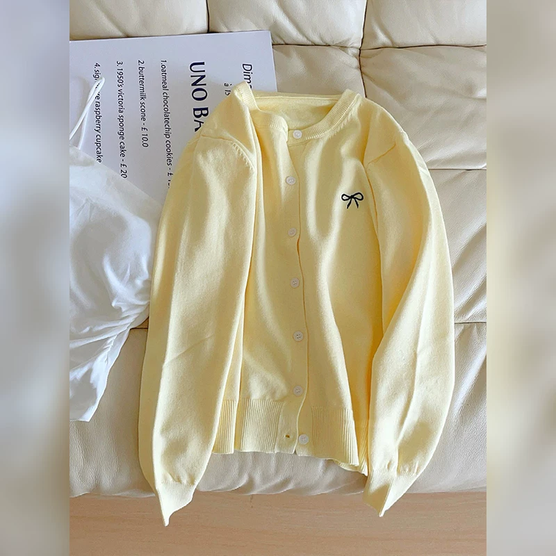 冰淇淋舒服好看刺繡蝴蝶結長袖針織外套4色-細節圖6