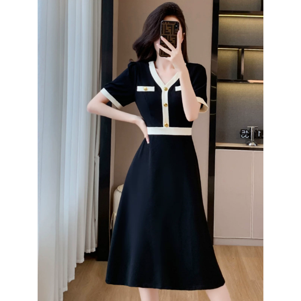 韓國名媛 小香風 經典 黑色v領短袖洋裝-細節圖2