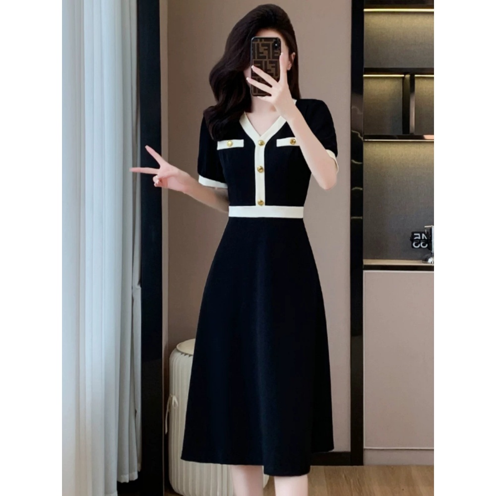 韓國名媛 小香風 經典 黑色v領短袖洋裝-細節圖3