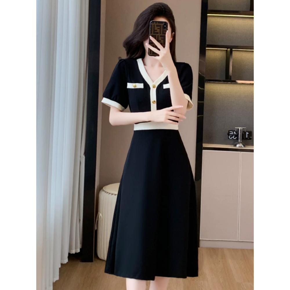 韓國名媛 小香風 經典 黑色v領短袖洋裝-細節圖4