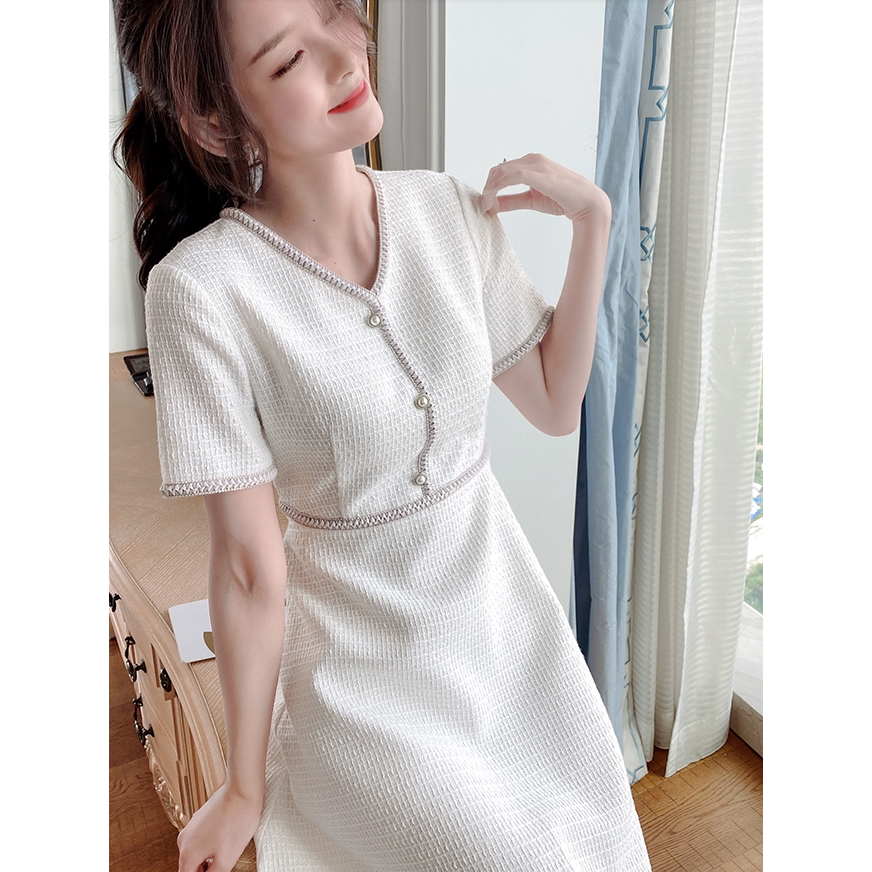 韓國名媛 小香風 v領白色收腰秀氣短袖洋裝-細節圖2