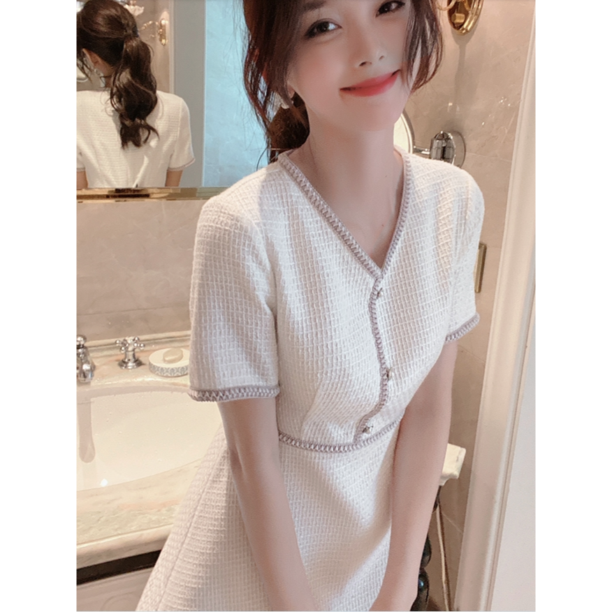 韓國名媛 小香風 v領白色收腰秀氣短袖洋裝-細節圖3