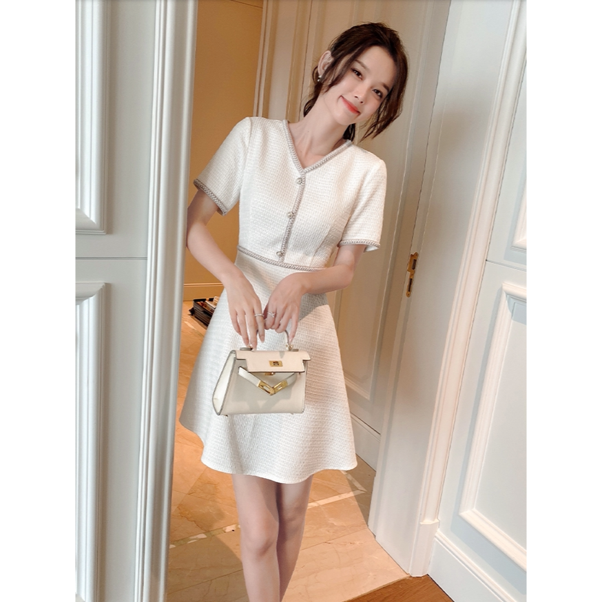 韓國名媛 小香風 v領白色收腰秀氣短袖洋裝-細節圖4