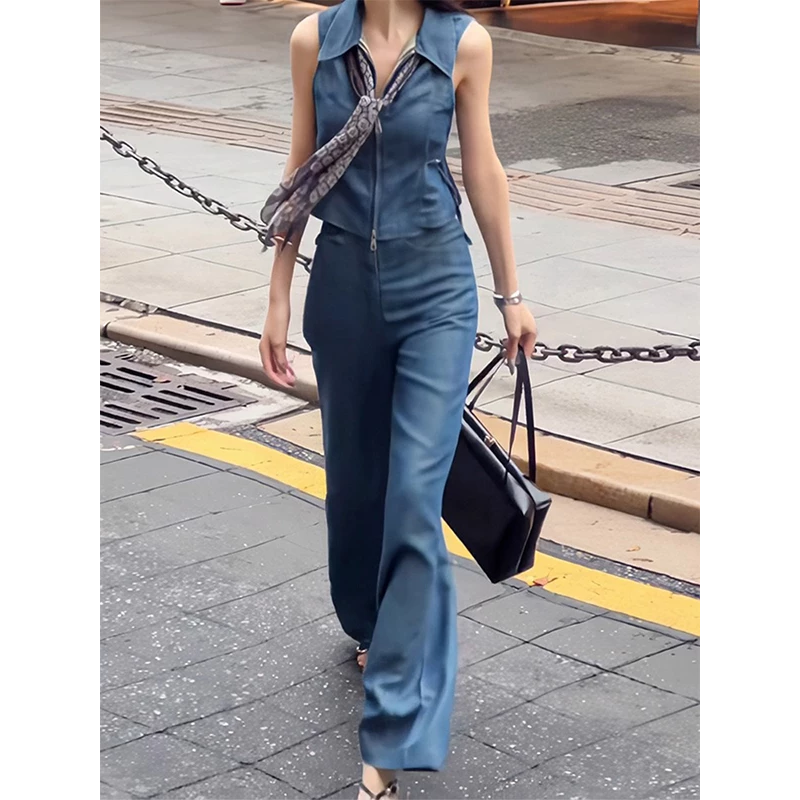 韓國名媛 軟牛仔無袖襯衫+牛仔褲長褲兩件組 上下拉鍊背心-細節圖3