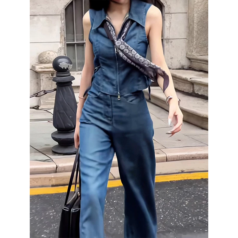 韓國名媛 軟牛仔無袖襯衫+牛仔褲長褲兩件組 上下拉鍊背心-細節圖4