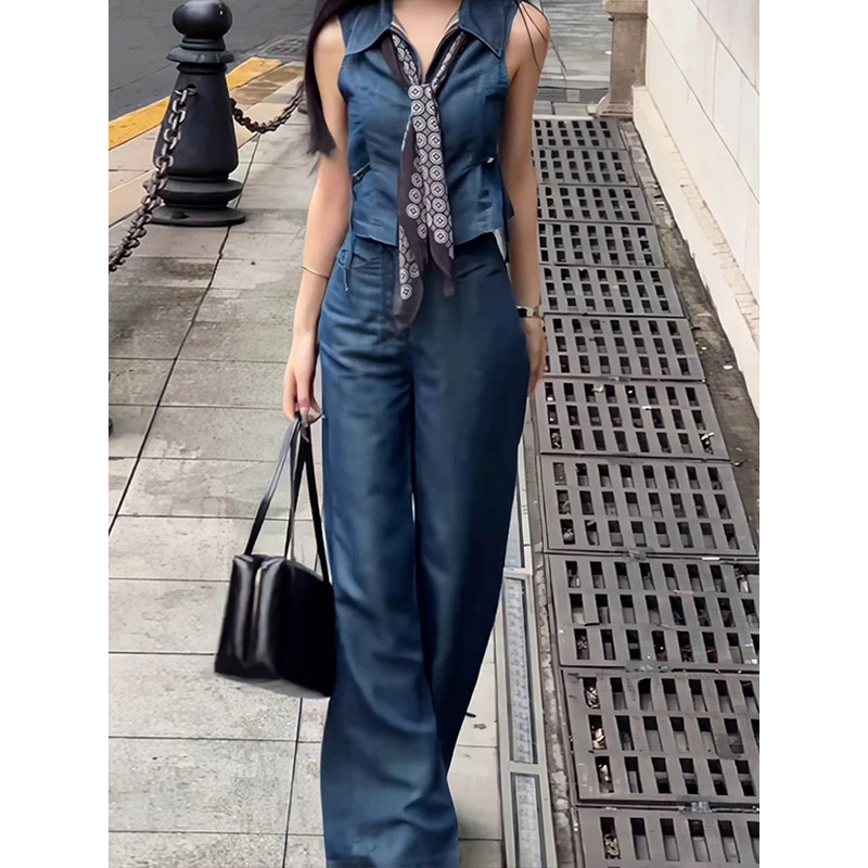 韓國名媛 軟牛仔無袖襯衫+牛仔褲長褲兩件組 上下拉鍊背心-細節圖5