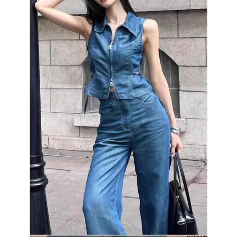 韓國名媛 軟牛仔無袖襯衫+牛仔褲長褲兩件組 上下拉鍊背心-細節圖6