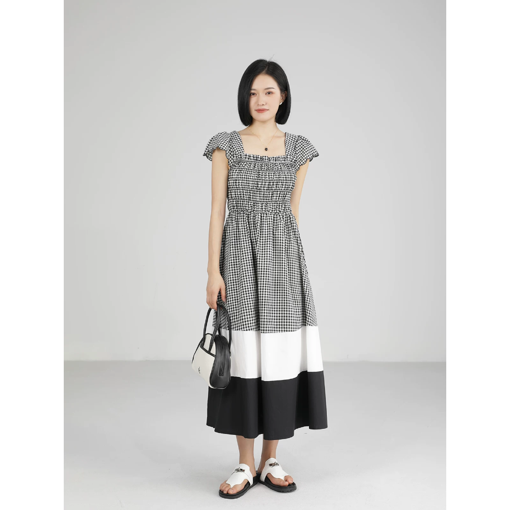 韓國名媛 黑白顯瘦細格子方領短袖收腰長洋裝-細節圖2