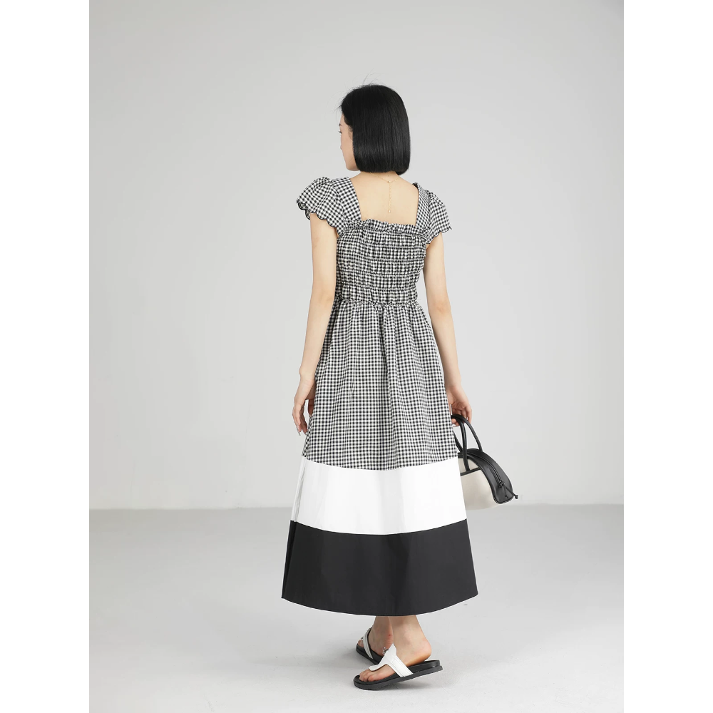 韓國名媛 黑白顯瘦細格子方領短袖收腰長洋裝-細節圖3