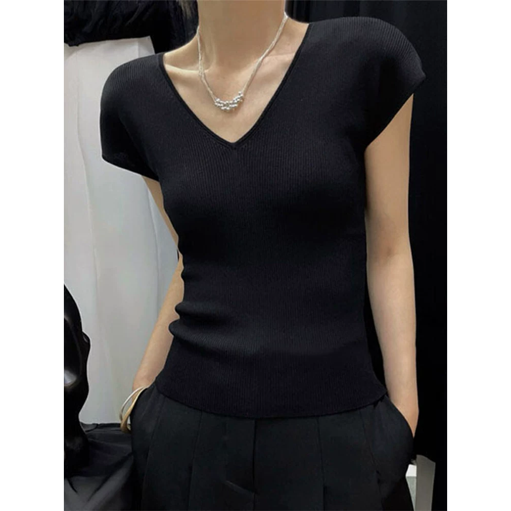 韓國名媛 v領短袖冰絲針織上衣 +銀色珠珠鏈條獨特短鏈項鍊頸鍊 實拍-細節圖2