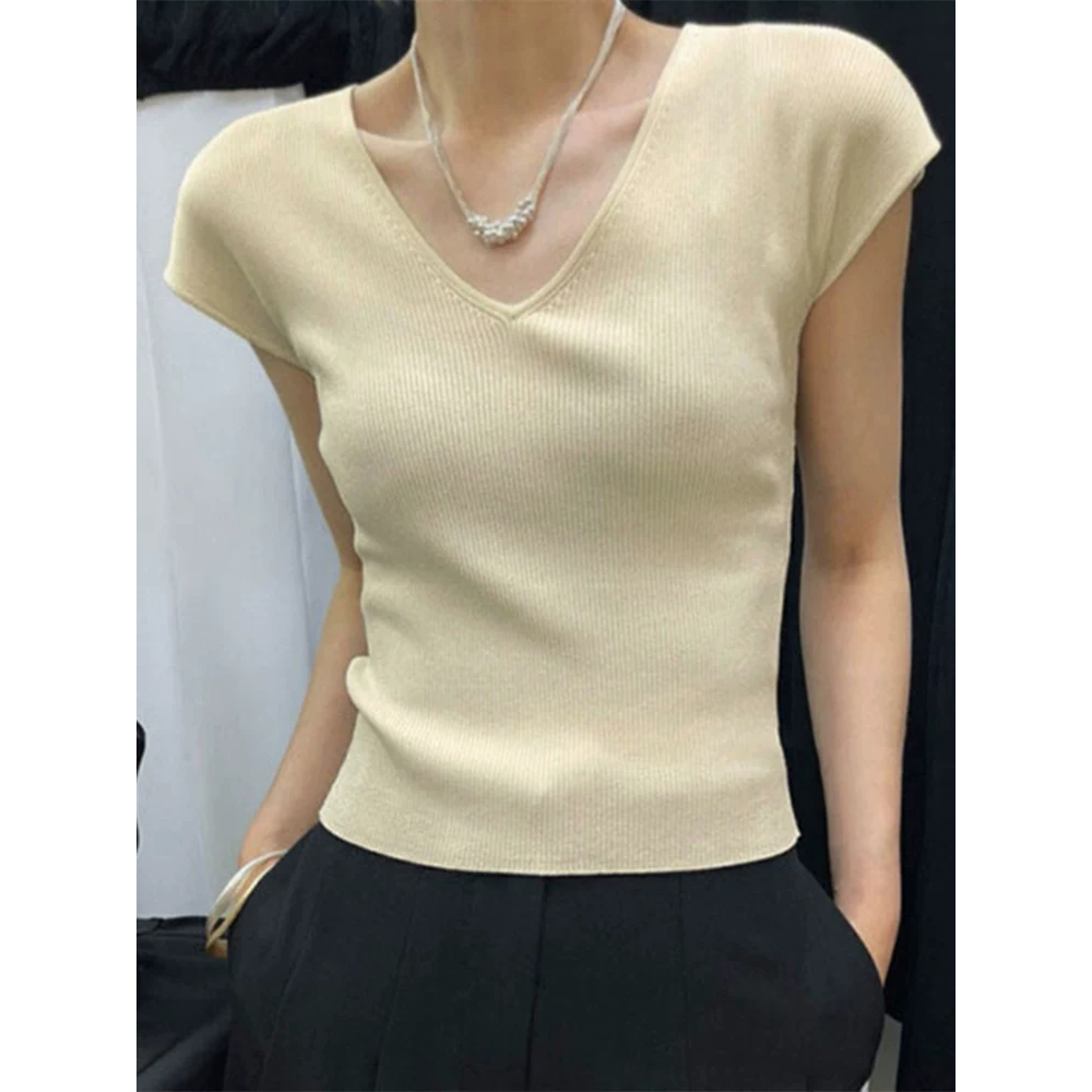 韓國名媛 v領短袖冰絲針織上衣 +銀色珠珠鏈條獨特短鏈項鍊頸鍊 實拍-細節圖3