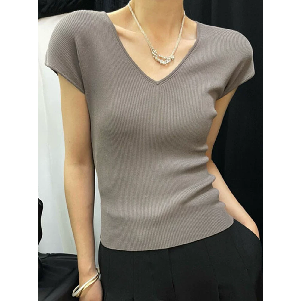 韓國名媛 v領短袖冰絲針織上衣 +銀色珠珠鏈條獨特短鏈項鍊頸鍊 實拍-細節圖4