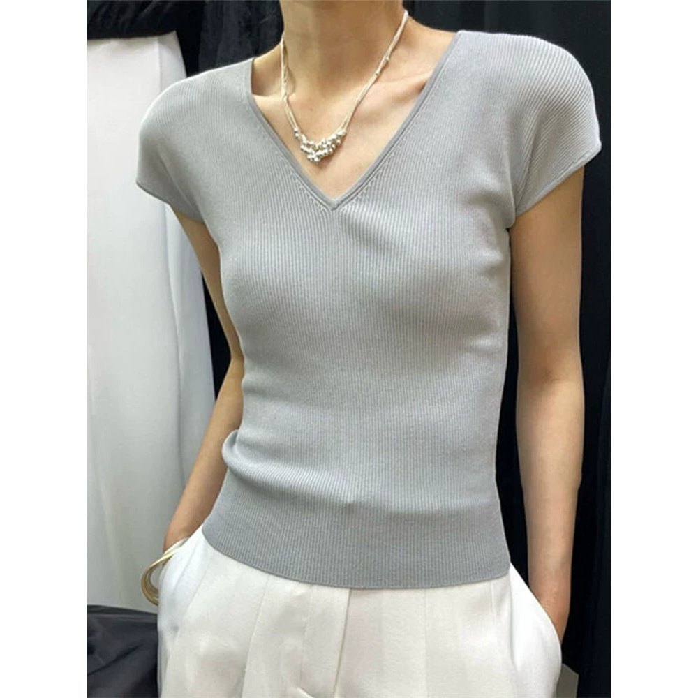 韓國名媛 v領短袖冰絲針織上衣 +銀色珠珠鏈條獨特短鏈項鍊頸鍊 實拍-細節圖5