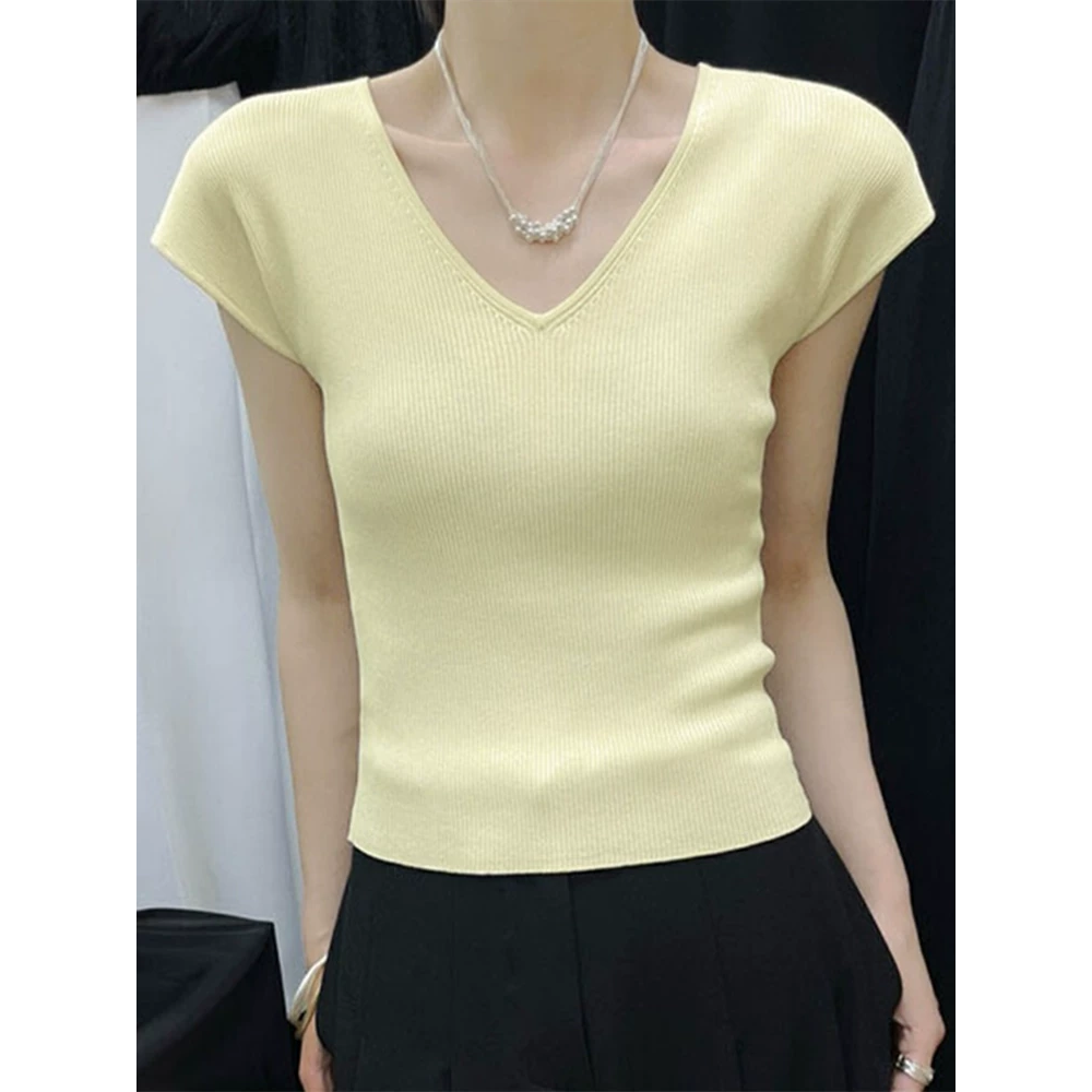 韓國名媛 v領短袖冰絲針織上衣 +銀色珠珠鏈條獨特短鏈項鍊頸鍊 實拍-細節圖6