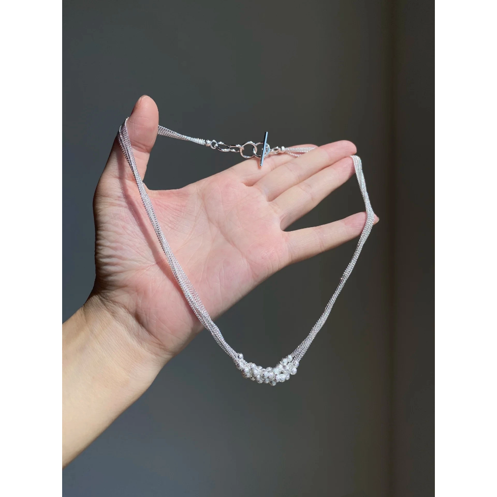 韓國名媛 v領短袖冰絲針織上衣 +銀色珠珠鏈條獨特短鏈項鍊頸鍊 實拍-細節圖8