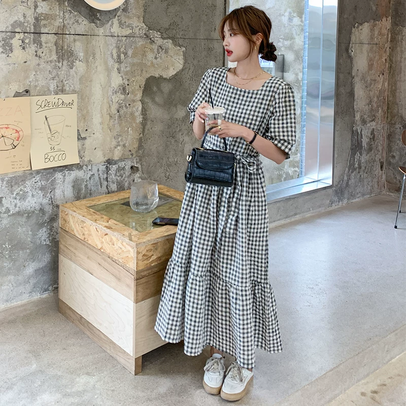 韓國名媛細格子綠色短袖收腰綁帶長洋裝-細節圖2