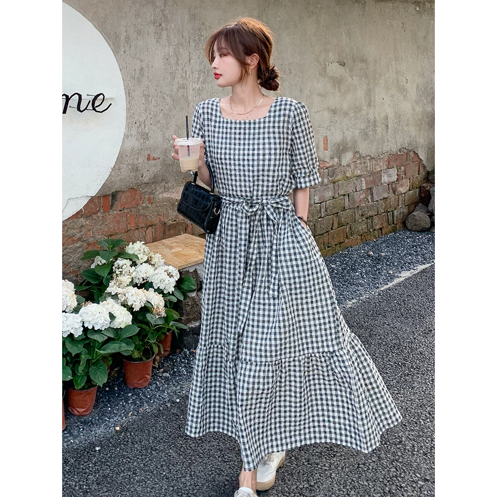 韓國名媛細格子綠色短袖收腰綁帶長洋裝-細節圖3