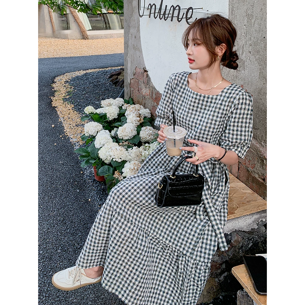 韓國名媛細格子綠色短袖收腰綁帶長洋裝-細節圖4