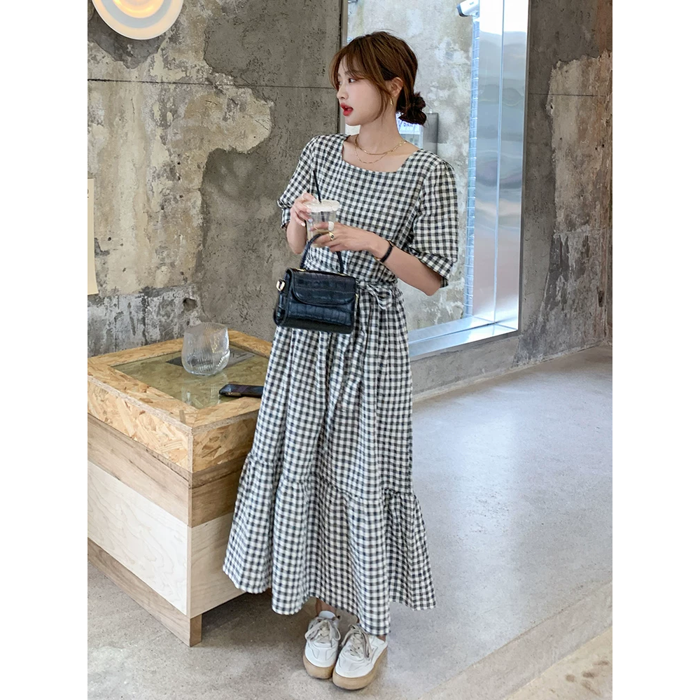 韓國名媛細格子綠色短袖收腰綁帶長洋裝-細節圖5