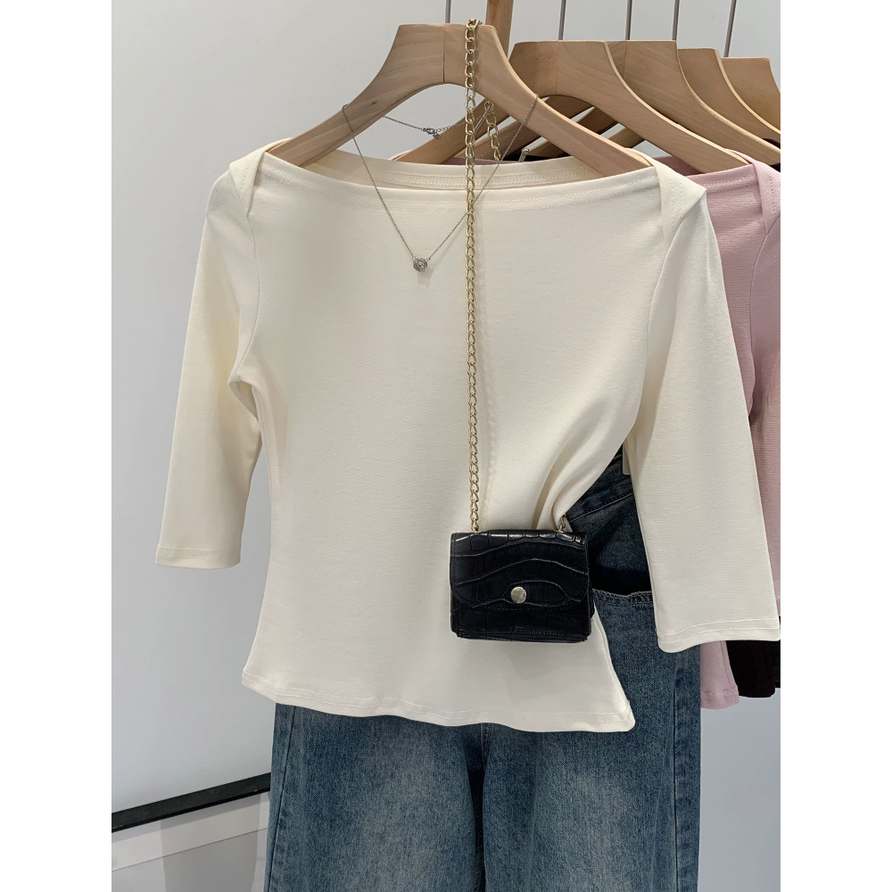 韓國名媛 粉色一字領船型領中袖五分袖修身絕美上衣-細節圖2