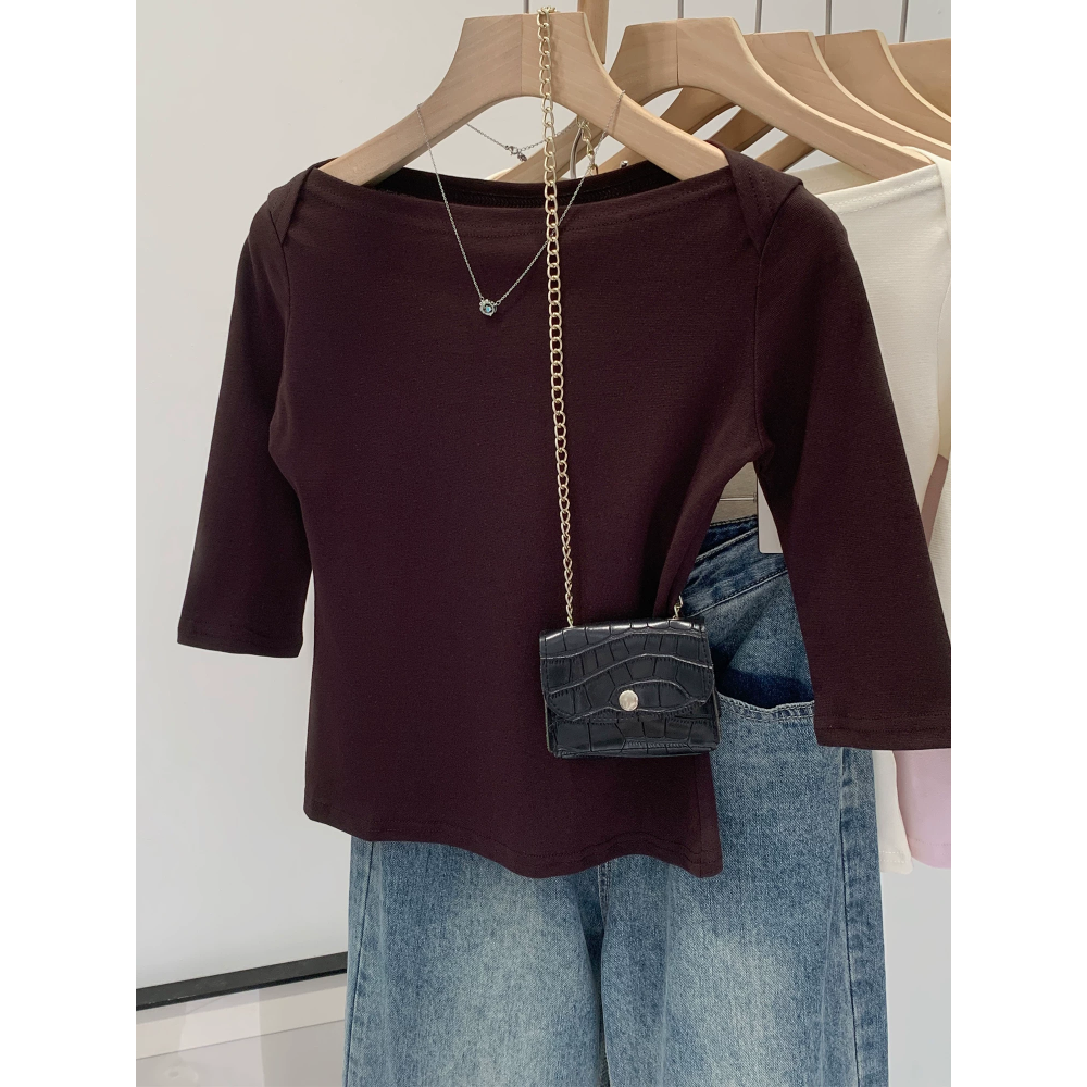 韓國名媛 粉色一字領船型領中袖五分袖修身絕美上衣-細節圖4