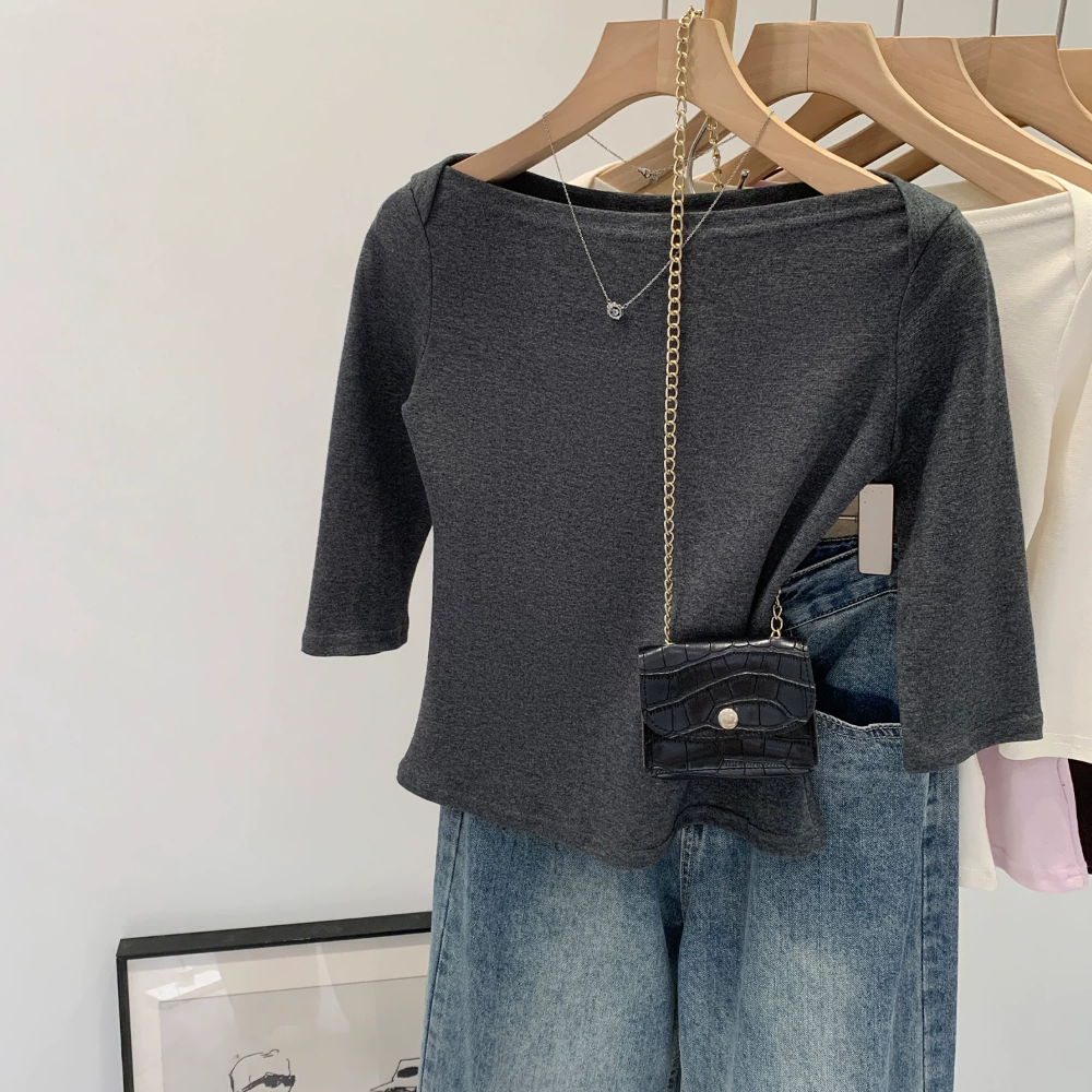 韓國名媛 粉色一字領船型領中袖五分袖修身絕美上衣-細節圖7