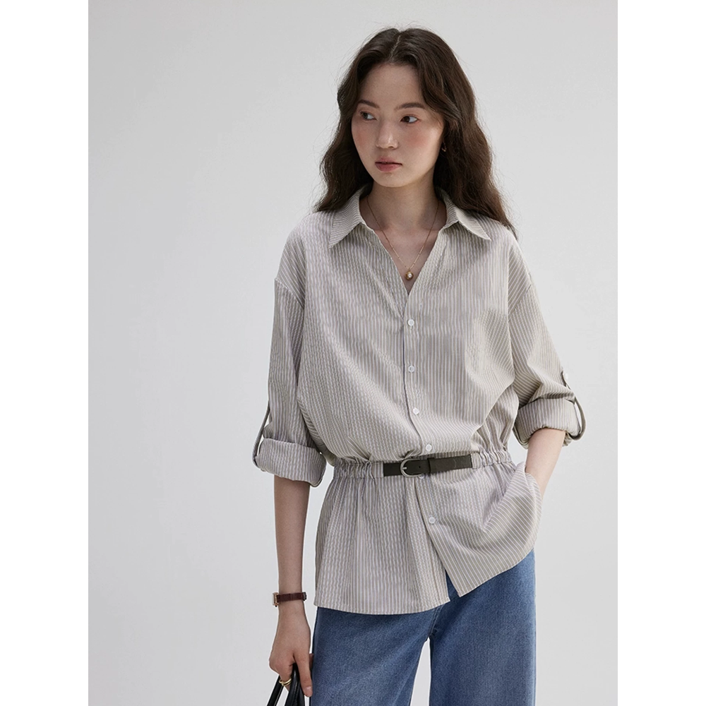 早秋設計感V領收腰條紋寬鬆長袖襯衫-細節圖2