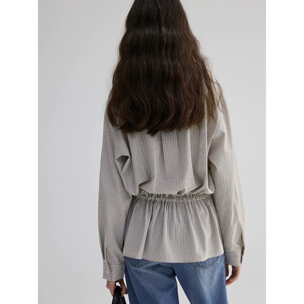 早秋設計感V領收腰條紋寬鬆長袖襯衫-細節圖3