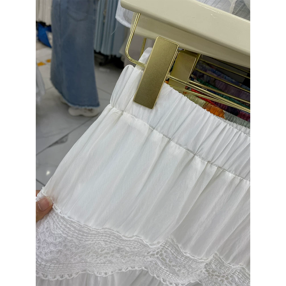 韓國名媛 白色布蕾絲鬆緊腰長裙鏤空裙擺花朵a字裙-細節圖2