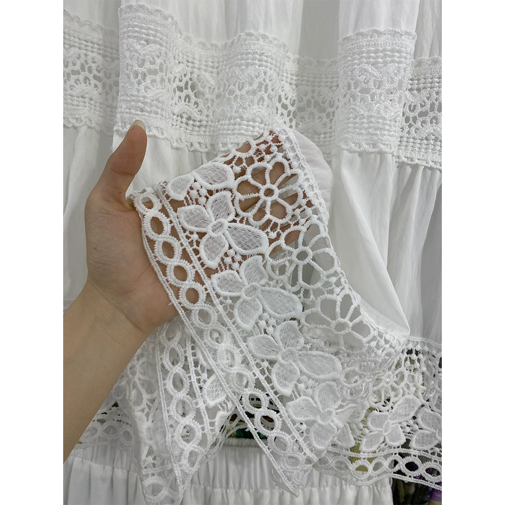 韓國名媛 白色布蕾絲鬆緊腰長裙鏤空裙擺花朵a字裙-細節圖3