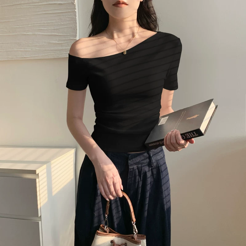 韓國名媛 斜肩 不會跑 單肩 短袖針織上衣 黑色 白色-細節圖2