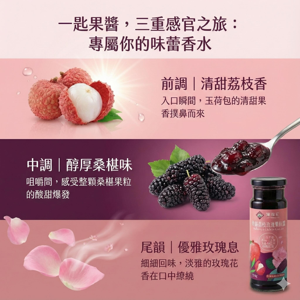 【陳稼莊】嚐鮮瓶！巔峰口味 桑椹荔枝玫瑰果粒醬 50g/瓶 桑椹跟玉荷包融在玫瑰中-細節圖2