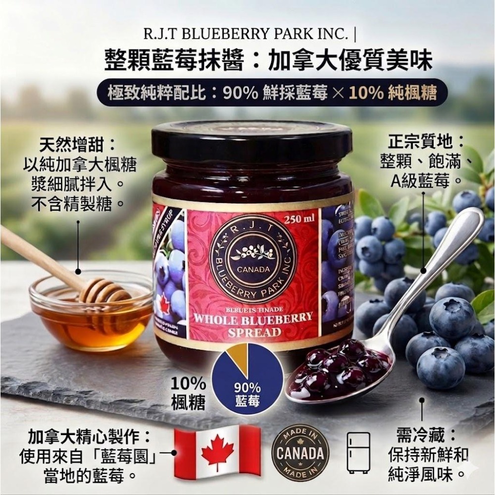 R.J.T 加拿大天然楓糖藍莓果醬 250ml 90%整顆果粒 無添加砂糖 純楓糖  低卡 整罐只有240大卡 高花青素-細節圖2