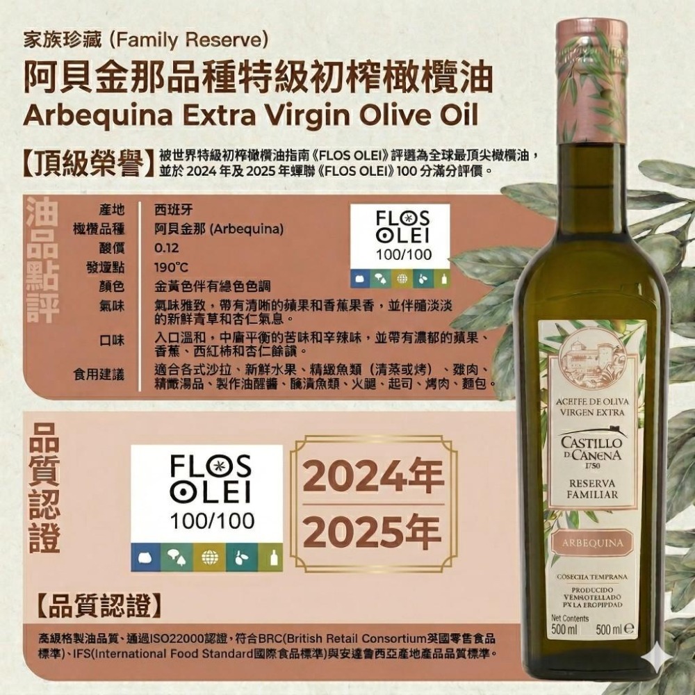 Castillo de Canena卡內納城堡 阿貝金納特級初榨橄 500ml 橄欖油  初榨橄欖油 冷壓 橄欖油禮盒-細節圖3