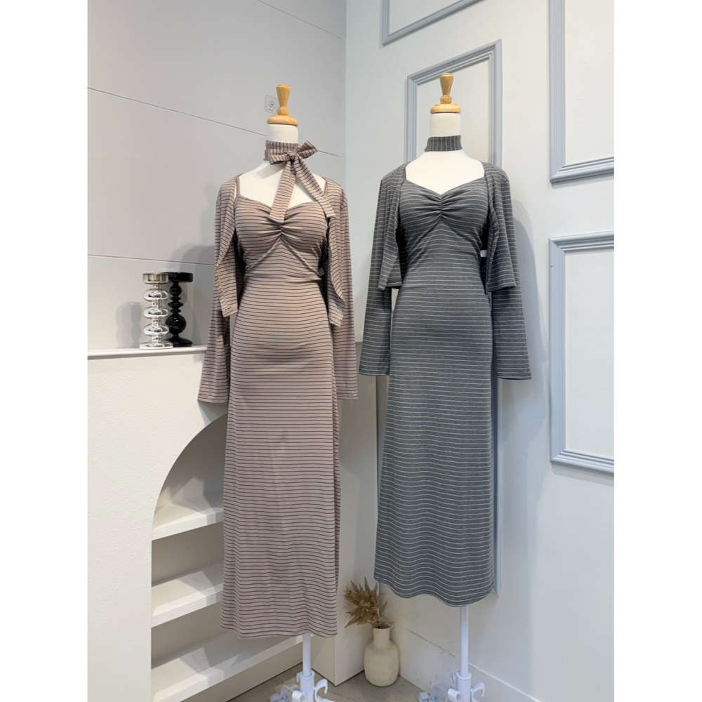 ♡新款預購 # 4660 條紋細肩長洋+小外套SET-細節圖4