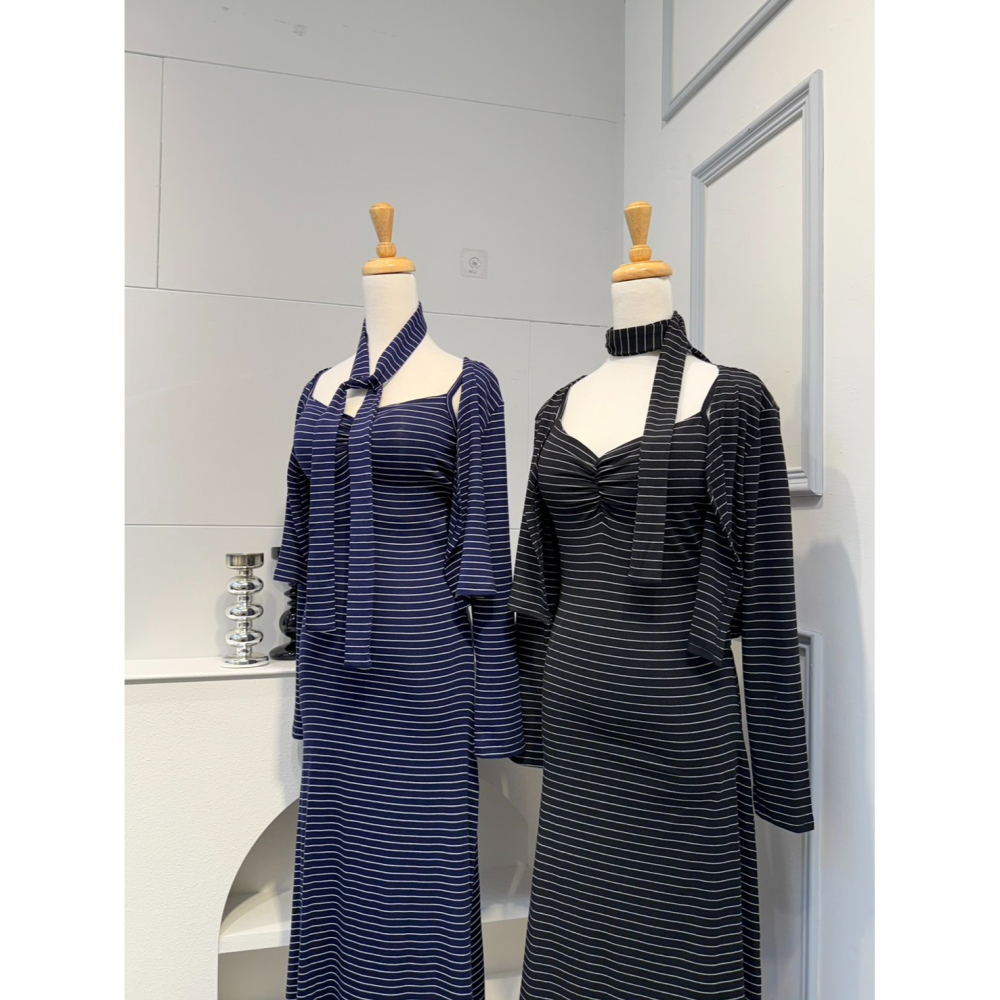 ♡新款預購 # 4660 條紋細肩長洋+小外套SET-細節圖6