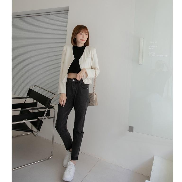 【Infuz 熱賣回歸】男友褲 顯瘦牛仔褲 鬆緊腰牛仔褲 男友褲女生 小割破男友褲 鬆緊男友褲 (JW8718)-細節圖5