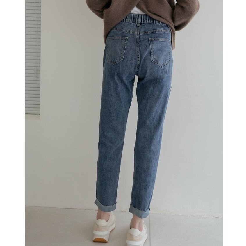 【Infuz 熱賣回歸】男友褲 顯瘦牛仔褲 鬆緊腰牛仔褲 男友褲女生 小割破男友褲 鬆緊男友褲 (JW8718)-細節圖7