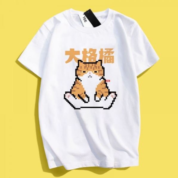 貓咪-大格橘印花短袖-細節圖2